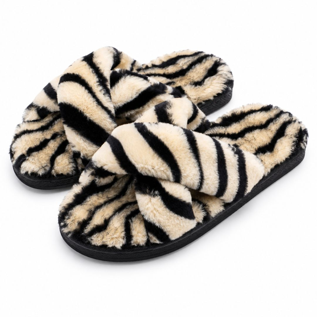Womens Plush Faux Fur Cross Band House Slippers